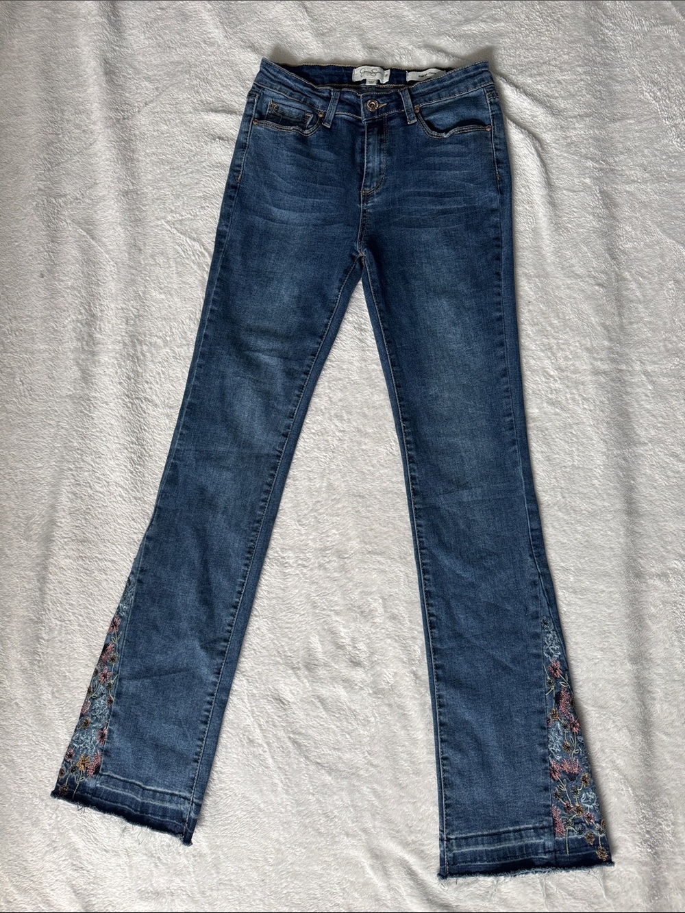 Dark Blue Embroidered Hem Bootcut Jeans